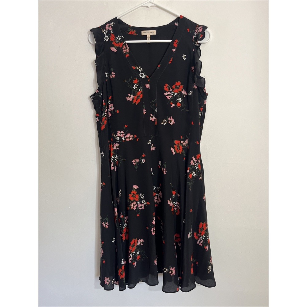 Rebecca‎ Taylor Dress 8 Silk Floral Black Red Pink Ruffle Sleeveless Elegant